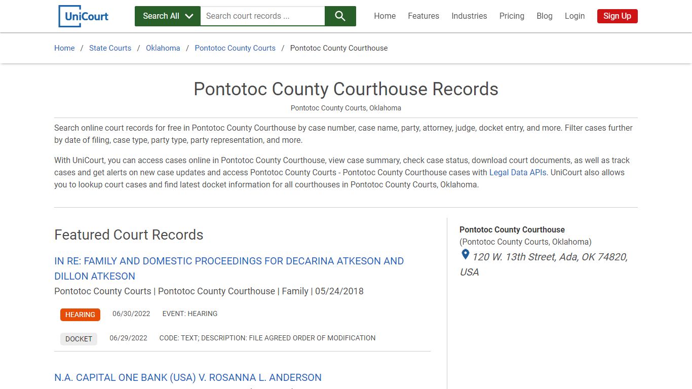 Pontotoc County Courthouse Records | Pontotoc | UniCourt